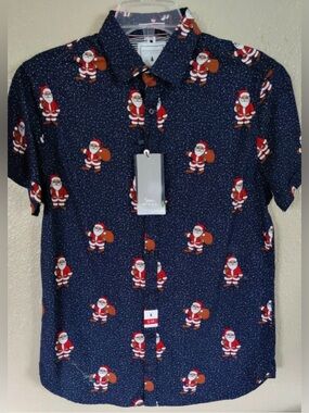 NEW Mens DENIM & FLOWER Blue Button Down Christmas Santa Claus Shirt M